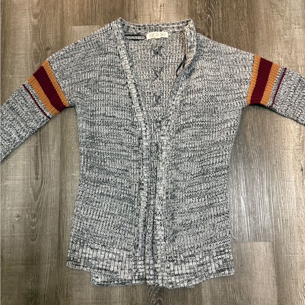 Pink Rose Gray Cardigan with Red and Orange Accents